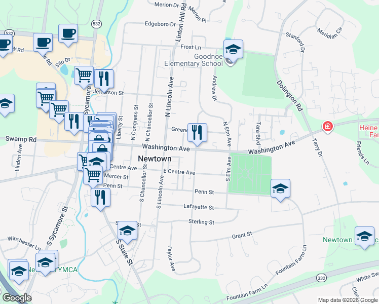 map of restaurants, bars, coffee shops, grocery stores, and more near 440 Washington Avenue in Newtown