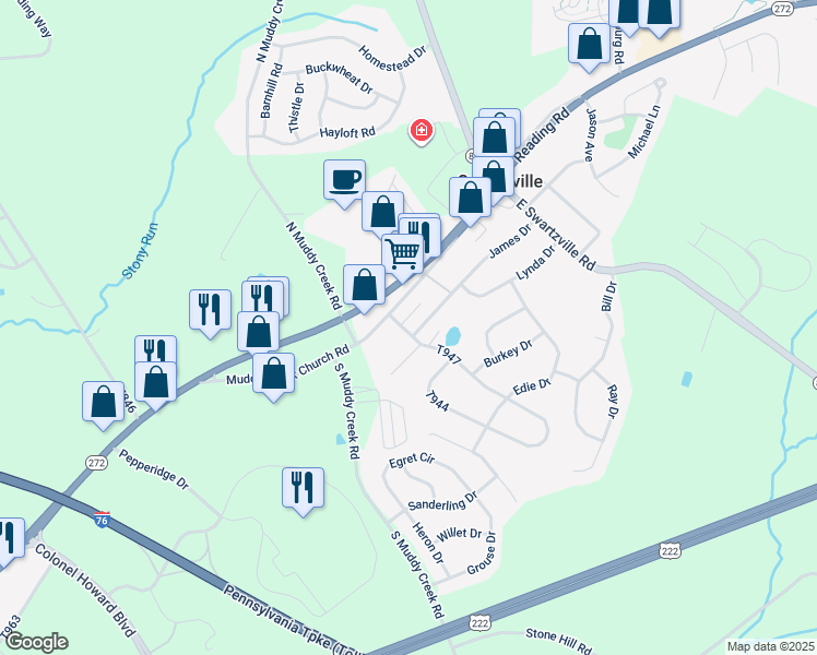 map of restaurants, bars, coffee shops, grocery stores, and more near 47 James Drive in Denver