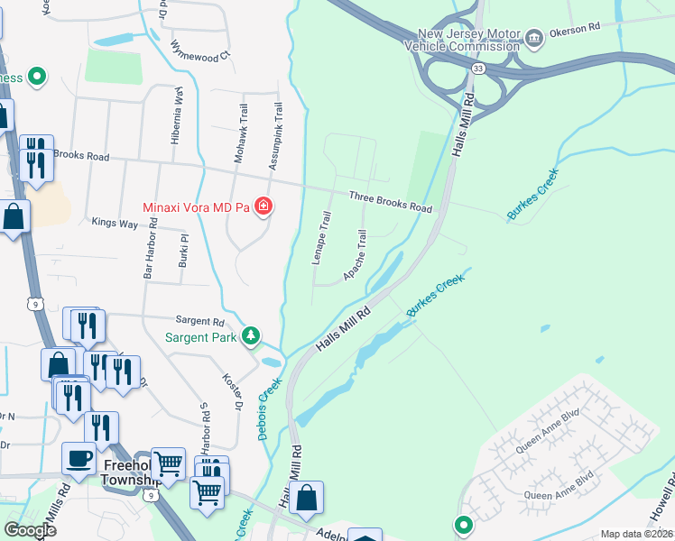 map of restaurants, bars, coffee shops, grocery stores, and more near 12 Apache Trail in Freehold