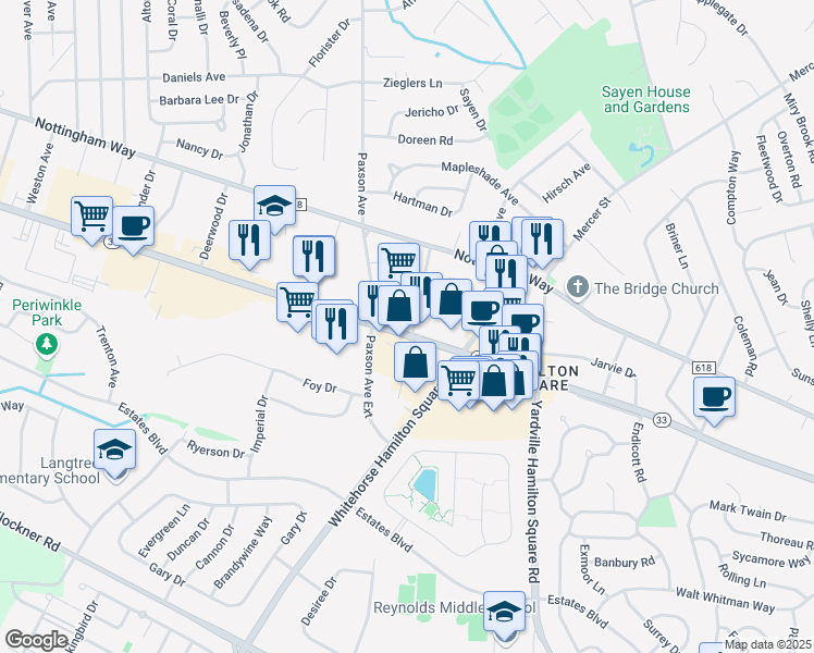 map of restaurants, bars, coffee shops, grocery stores, and more near 1100 New Jersey 33 in Hamilton Township