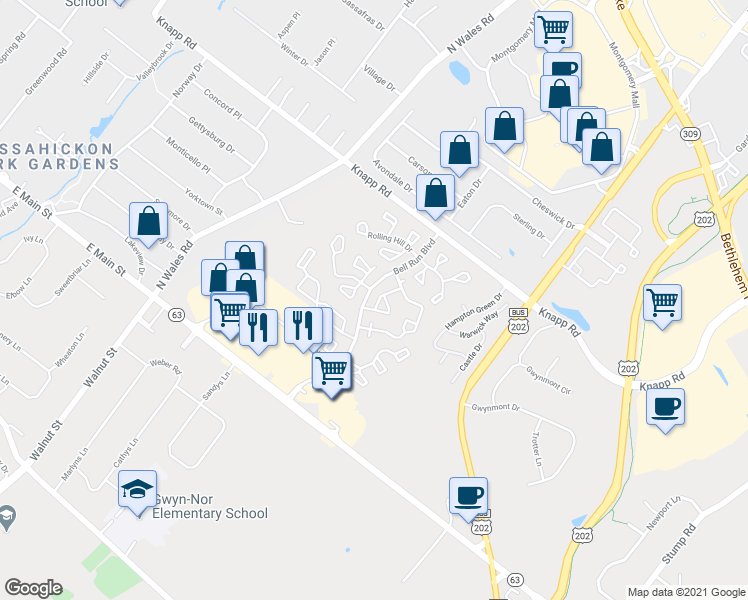 map of restaurants, bars, coffee shops, grocery stores, and more near 3503 North Carriage Court in North Wales