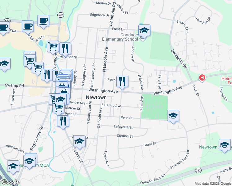 map of restaurants, bars, coffee shops, grocery stores, and more near 440 Washington Avenue in Newtown