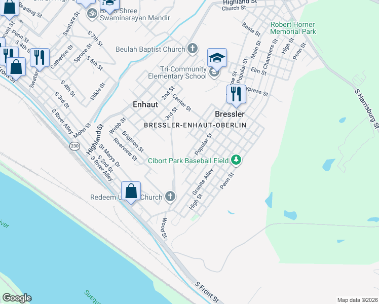 map of restaurants, bars, coffee shops, grocery stores, and more near 527 Monroe Street in Harrisburg