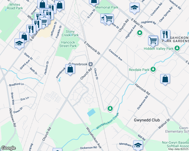 map of restaurants, bars, coffee shops, grocery stores, and more near 526 Cherry Street in Lansdale