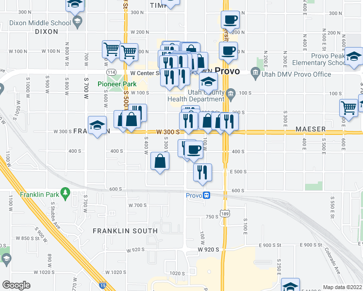 map of restaurants, bars, coffee shops, grocery stores, and more near 380 South 200 West in Provo
