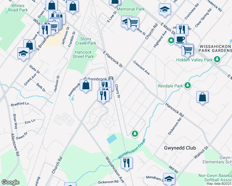 map of restaurants, bars, coffee shops, grocery stores, and more near 526 Cherry Street in Lansdale