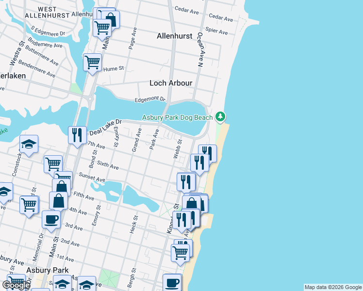map of restaurants, bars, coffee shops, grocery stores, and more near 201-203 8th Avenue in Asbury Park