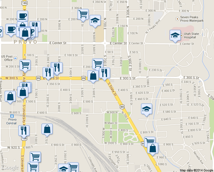 map of restaurants, bars, coffee shops, grocery stores, and more near 701 400 South in Provo