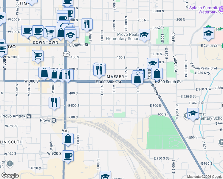 map of restaurants, bars, coffee shops, grocery stores, and more near 361 400 South in Provo