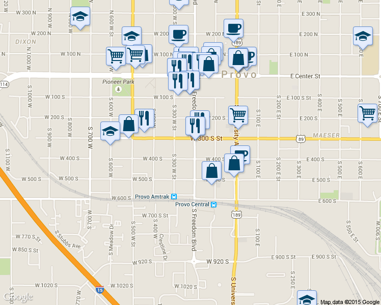 map of restaurants, bars, coffee shops, grocery stores, and more near 248 400 South in Provo
