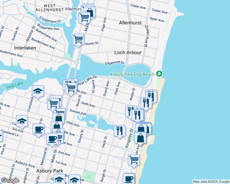map of restaurants, bars, coffee shops, grocery stores, and more near 1615 Park Avenue in Asbury Park
