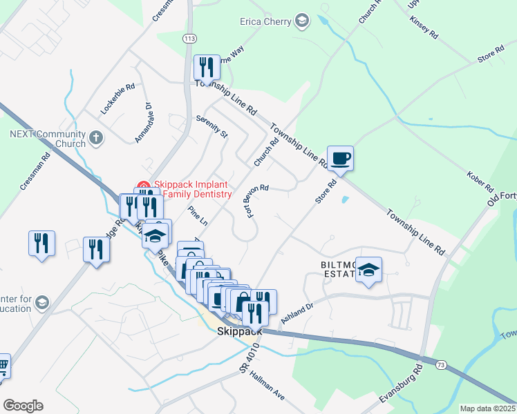 map of restaurants, bars, coffee shops, grocery stores, and more near 4019 Salem Circle in Harleysville