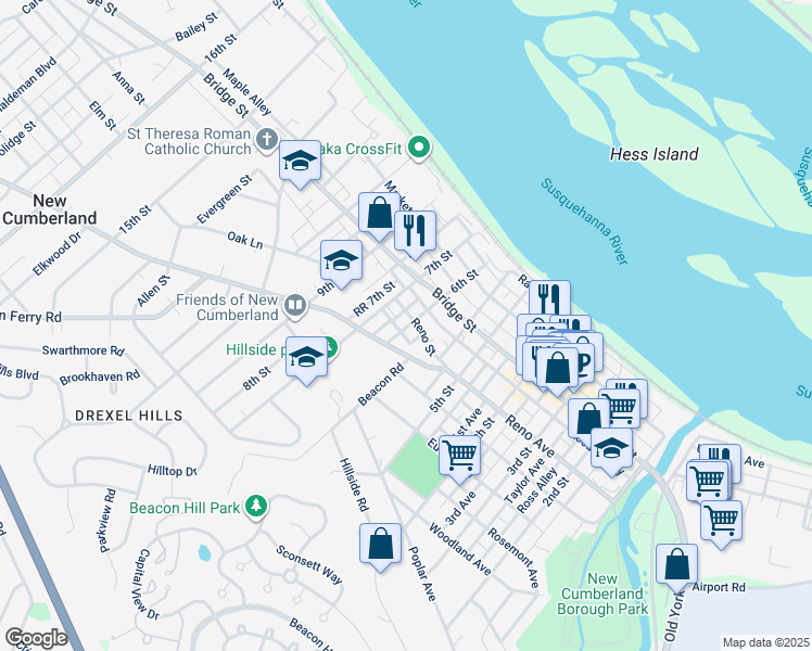map of restaurants, bars, coffee shops, grocery stores, and more near 410 6th Street in New Cumberland