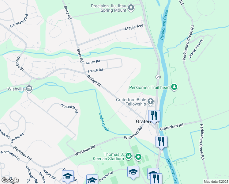 map of restaurants, bars, coffee shops, grocery stores, and more near 601 Grater Avenue in Collegeville