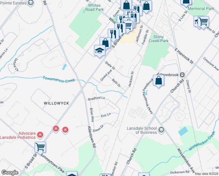 map of restaurants, bars, coffee shops, grocery stores, and more near 130 Stony Creek Avenue in Lansdale