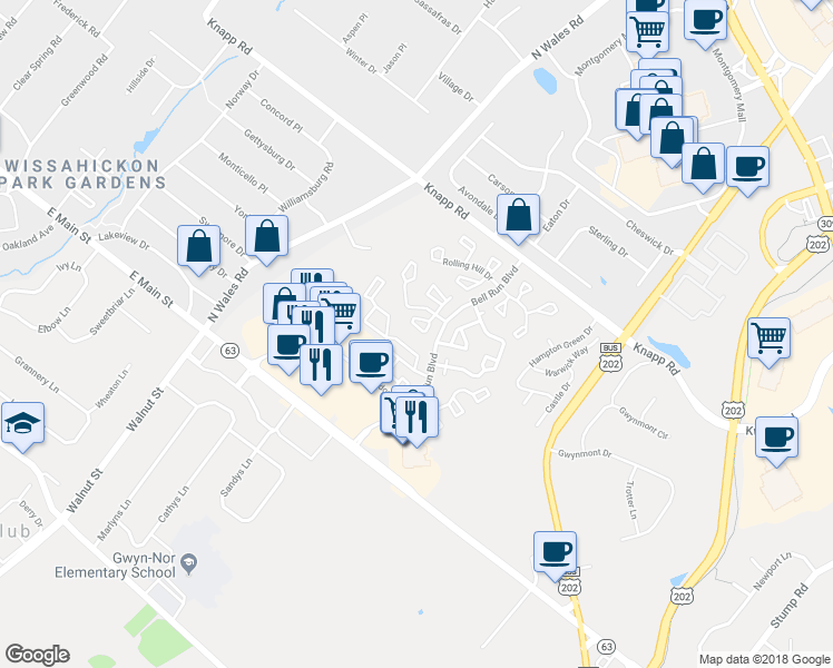 map of restaurants, bars, coffee shops, grocery stores, and more near 4002 Quaker Court in North Wales