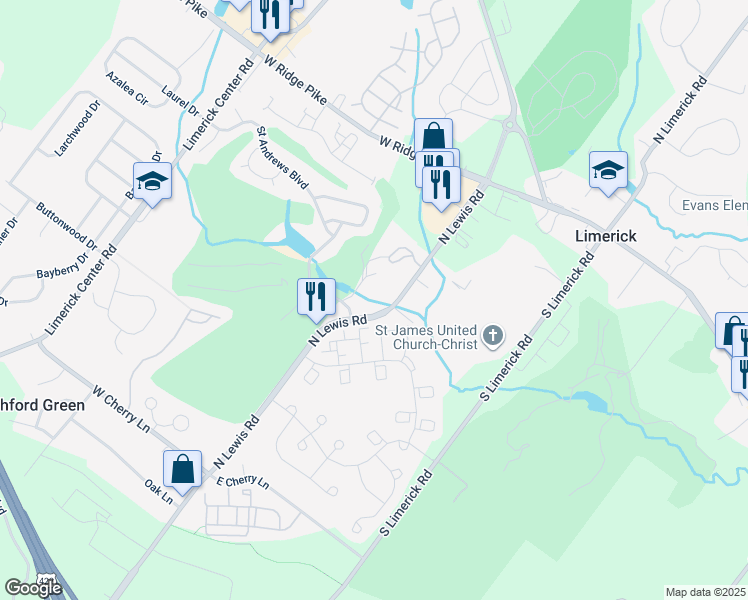map of restaurants, bars, coffee shops, grocery stores, and more near 787 North Lewis Road in Royersford