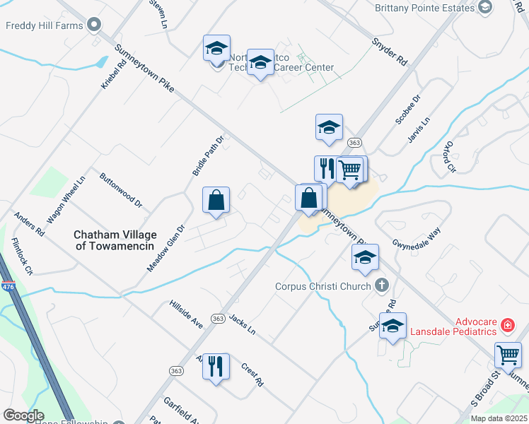 map of restaurants, bars, coffee shops, grocery stores, and more near 109 Hickory Court in Lansdale