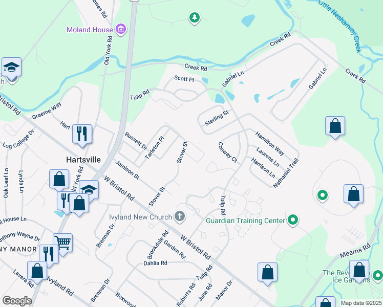 map of restaurants, bars, coffee shops, grocery stores, and more near 895 Andover Place in Warminster