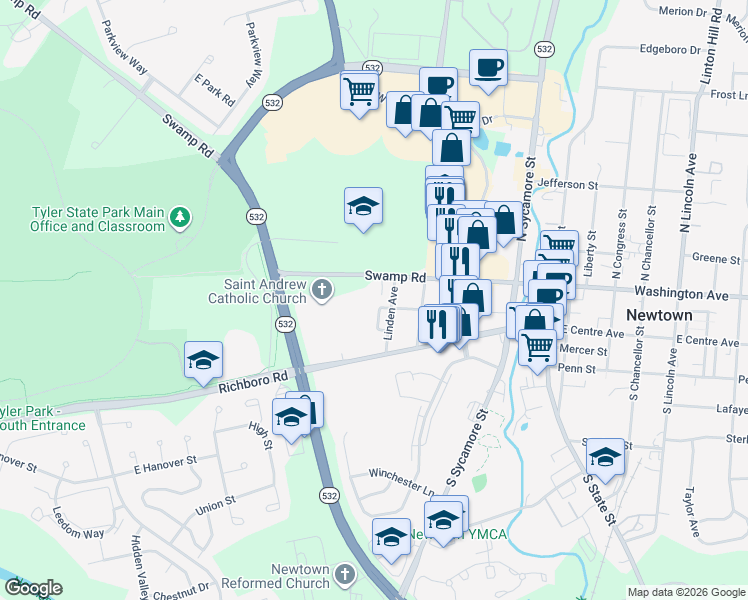 map of restaurants, bars, coffee shops, grocery stores, and more near 64 German Avenue in Newtown