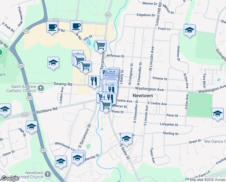 map of restaurants, bars, coffee shops, grocery stores, and more near 13 South State Street in Newtown