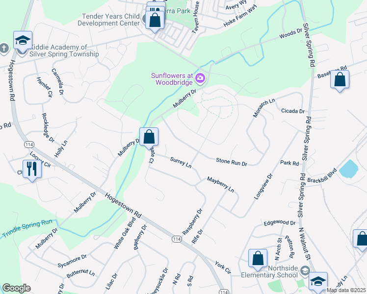 map of restaurants, bars, coffee shops, grocery stores, and more near 15 Stone Run Drive in Mechanicsburg