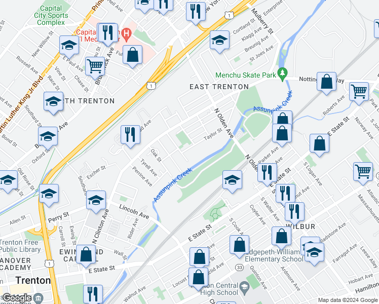 map of restaurants, bars, coffee shops, grocery stores, and more near 26 Taylor Street in Trenton