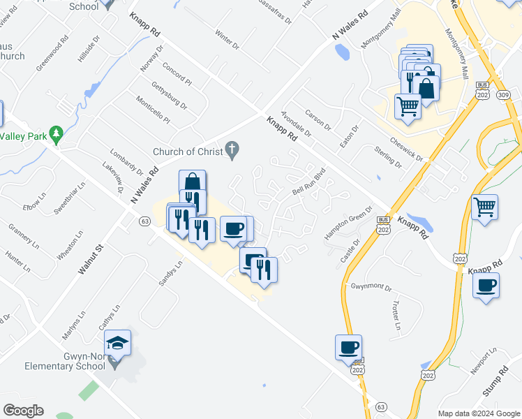 map of restaurants, bars, coffee shops, grocery stores, and more near 4003 Quaker Court in North Wales