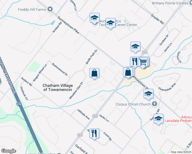 map of restaurants, bars, coffee shops, grocery stores, and more near 127 Oberlin Terrace in Lansdale