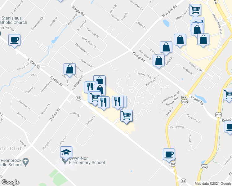 map of restaurants, bars, coffee shops, grocery stores, and more near 2207 Noras Court in North Wales