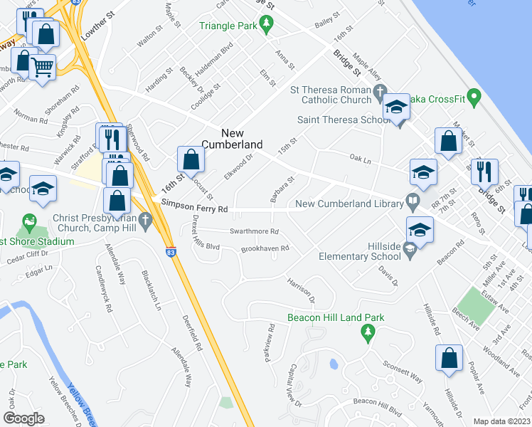 map of restaurants, bars, coffee shops, grocery stores, and more near 1410 Simpson Ferry Road in New Cumberland