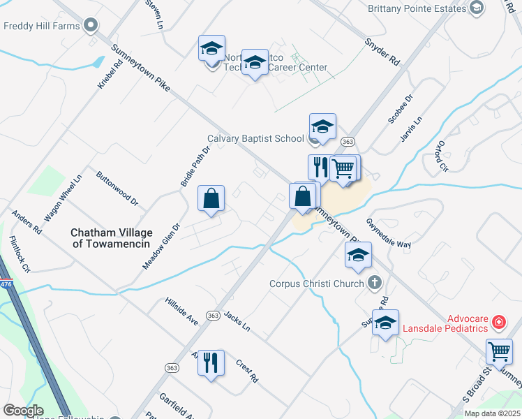 map of restaurants, bars, coffee shops, grocery stores, and more near 412 Hickory Court in Lansdale