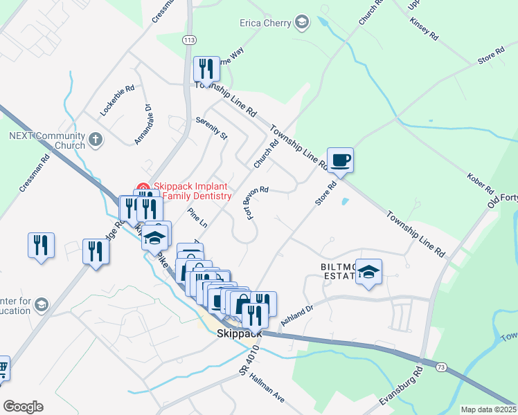 map of restaurants, bars, coffee shops, grocery stores, and more near 4019 Salem Circle in Harleysville
