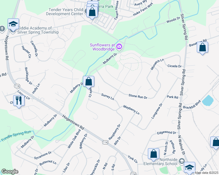 map of restaurants, bars, coffee shops, grocery stores, and more near 15 Stone Run Drive in Mechanicsburg