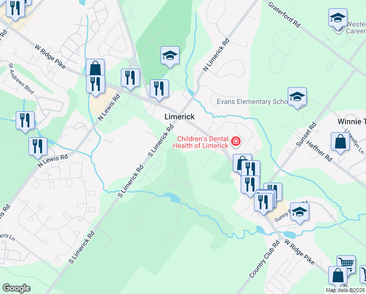 map of restaurants, bars, coffee shops, grocery stores, and more near 20 Mc Laughlin Road in Royersford