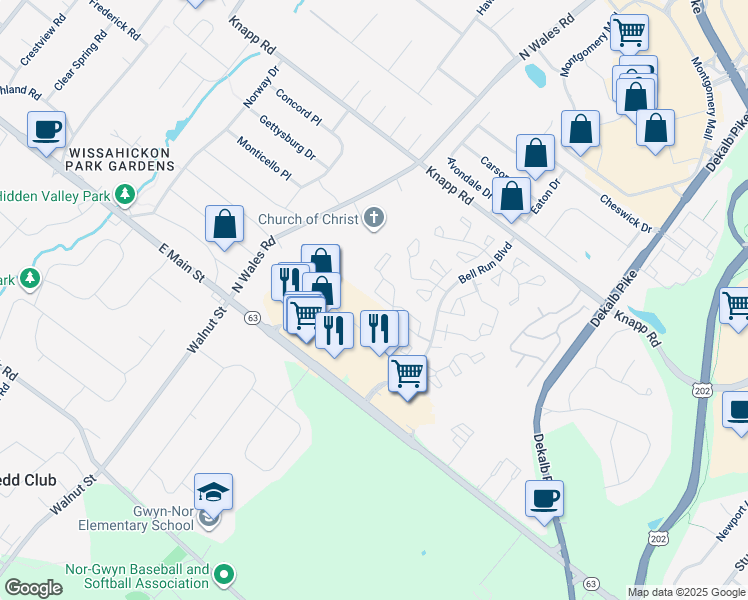 map of restaurants, bars, coffee shops, grocery stores, and more near 2207 Noras Court in North Wales