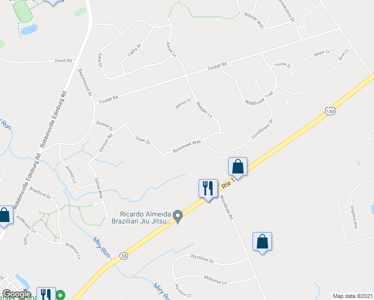 map of restaurants, bars, coffee shops, grocery stores, and more near 10 Roosevelt Way in Robbinsville