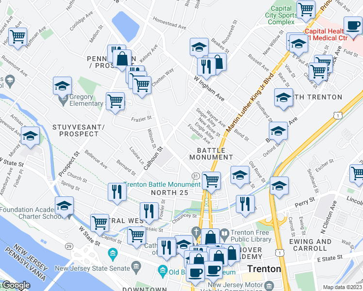 map of restaurants, bars, coffee shops, grocery stores, and more near 119 Humboldt Street in Trenton