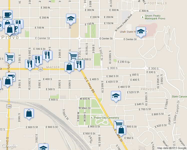 map of restaurants, bars, coffee shops, grocery stores, and more near 855 400 South in Provo