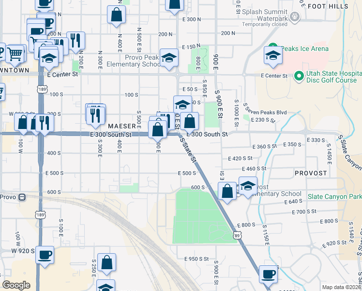 map of restaurants, bars, coffee shops, grocery stores, and more near 701 400 South in Provo