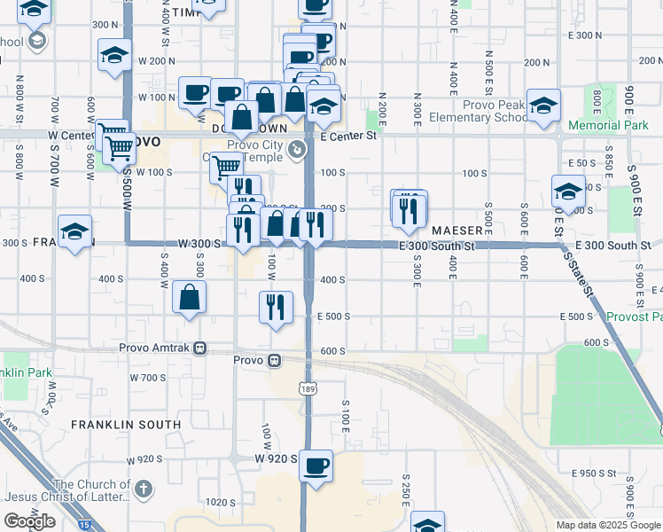 map of restaurants, bars, coffee shops, grocery stores, and more near 85 400 South in Provo