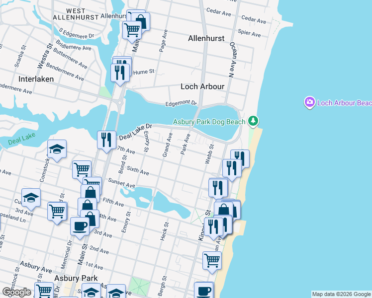 map of restaurants, bars, coffee shops, grocery stores, and more near 1615 Park Avenue in Asbury Park