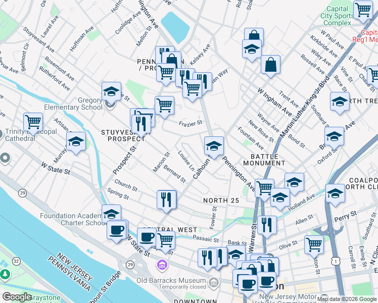 map of restaurants, bars, coffee shops, grocery stores, and more near 49 Rolling Drive in Trenton