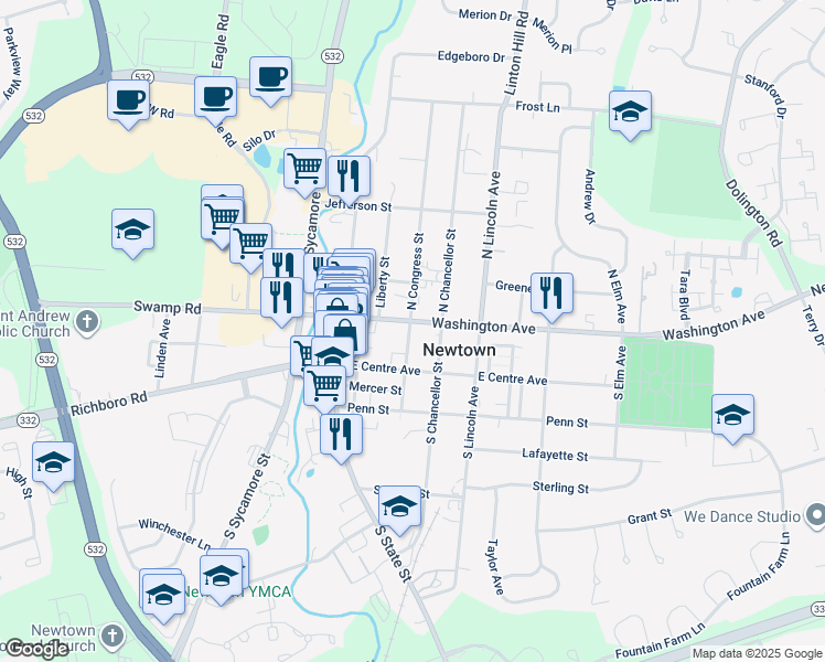 map of restaurants, bars, coffee shops, grocery stores, and more near 15 South Congress Street in Newtown