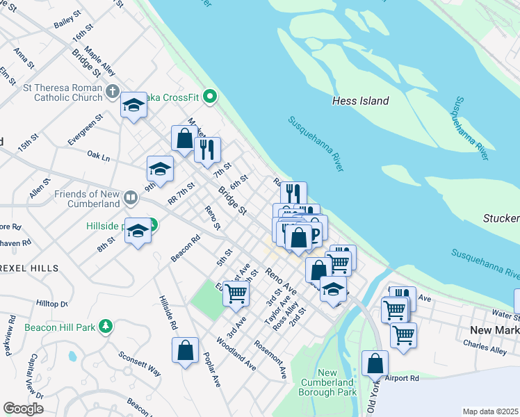 map of restaurants, bars, coffee shops, grocery stores, and more near 508 Bridge Street in New Cumberland