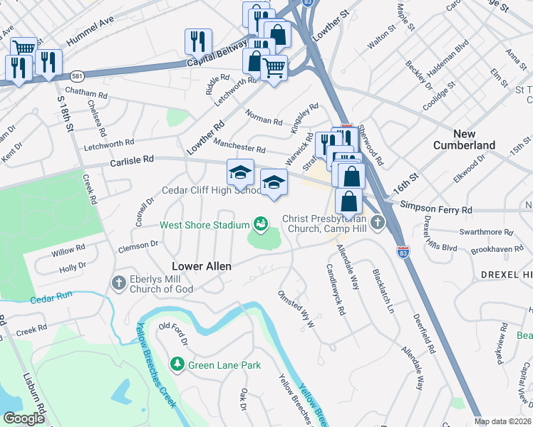 map of restaurants, bars, coffee shops, grocery stores, and more near 1301 Carlisle Road in Camp Hill
