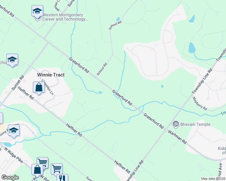 map of restaurants, bars, coffee shops, grocery stores, and more near 260 Graterford Road in Schwenksville