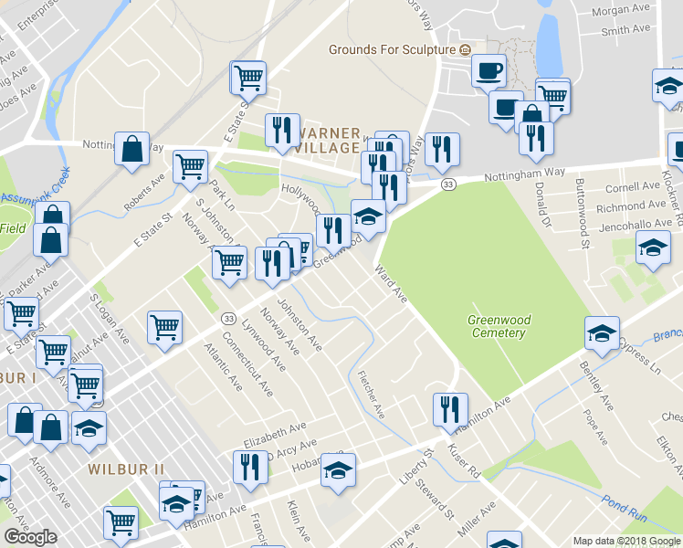 map of restaurants, bars, coffee shops, grocery stores, and more near 130 Joan Terrace in Hamilton Township
