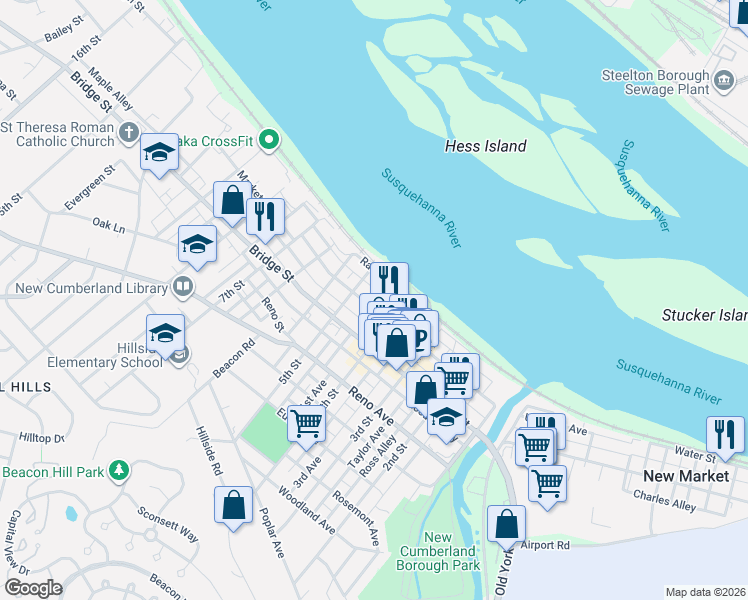 map of restaurants, bars, coffee shops, grocery stores, and more near 422 Market Street in New Cumberland