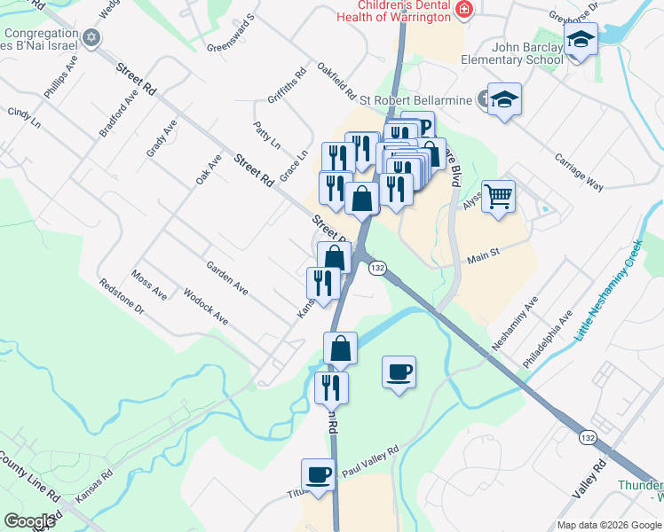 map of restaurants, bars, coffee shops, grocery stores, and more near 566 Easton Road in Warrington
